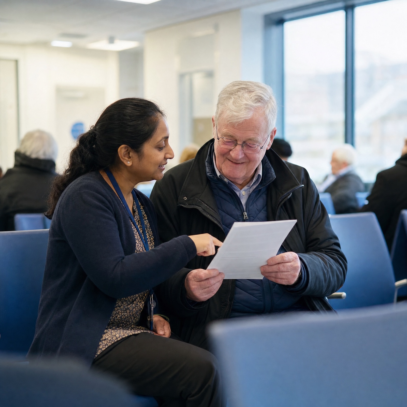 A health advocate helping a Glaswegian resident understand a medical letter in an NHS waiting room